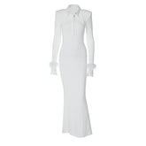 Women's POLO Collar Maxi Dress Feather Flare Sleeves Single Breasted Long Vestidos New Elegant Fashion Streetwear